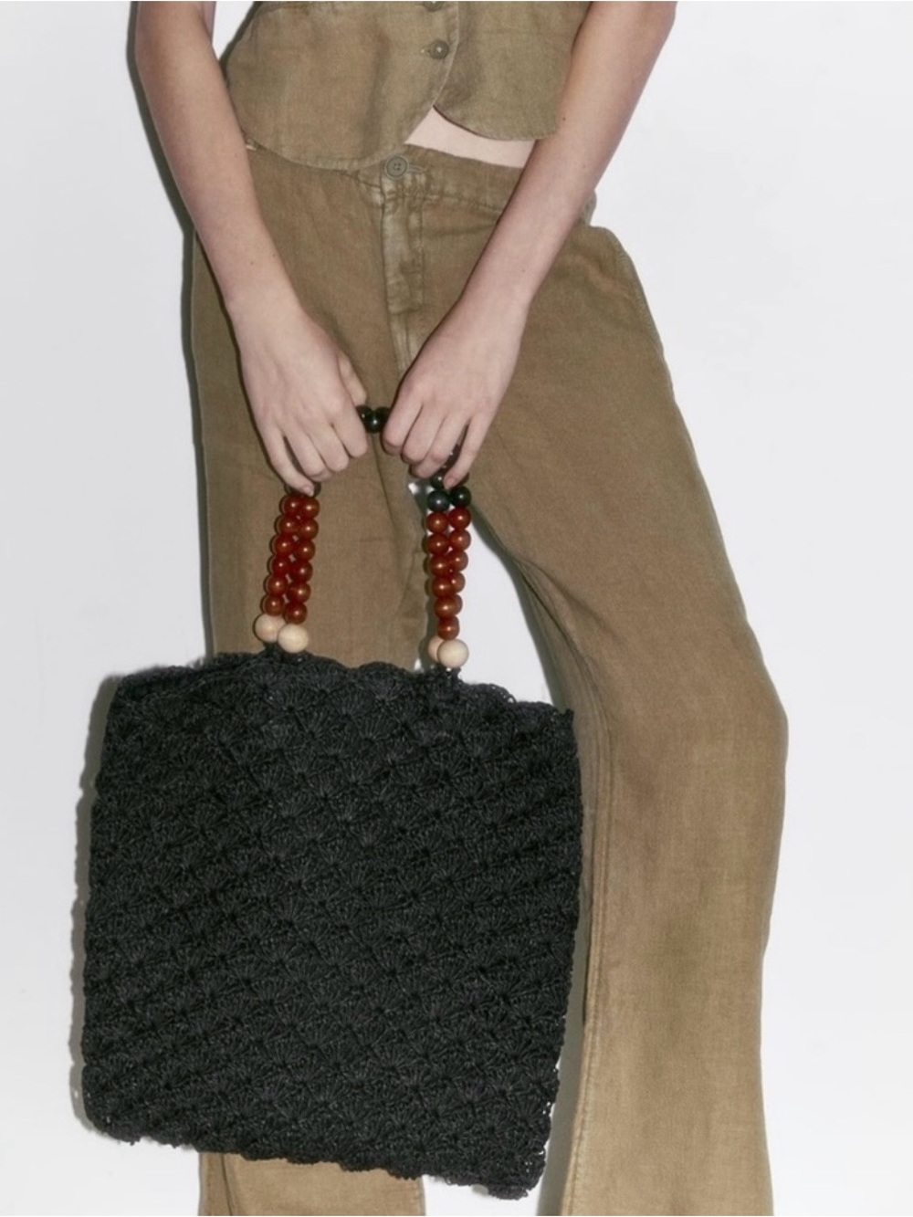 ZARA Woven Paper Tote Bag Wood Bead Handles | NWOT